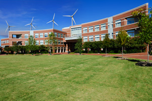 Windmills behind campus building